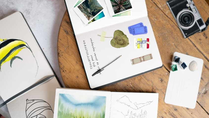 3 carnets de voyage avec des peintures aquarelles à différents stades de réalisation : poisson, forêt, feuille